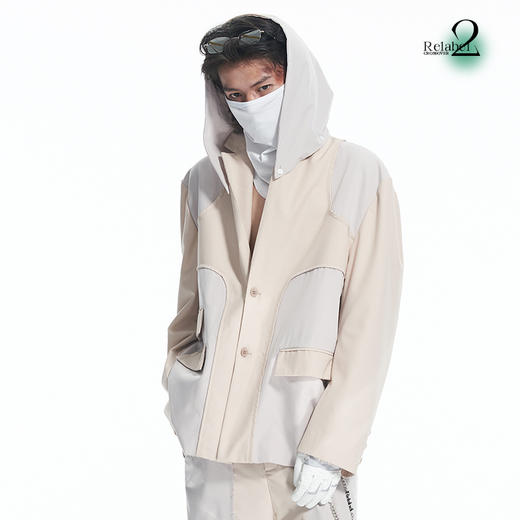 RELABEL21AW 浅卡其色梭织拼接可拆卸连帽多口袋不对称宽松西服 商品图1