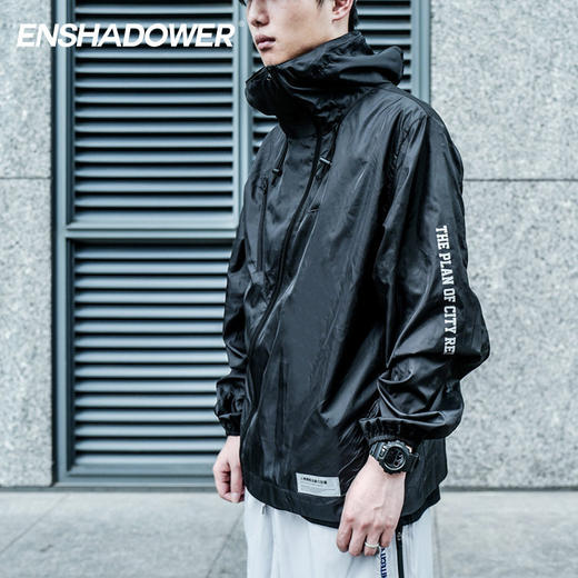 ENSHADOWER隐蔽者薄款潮牌冲锋衣男斜拉链黑白印花皮肤衣机能外套 商品图0