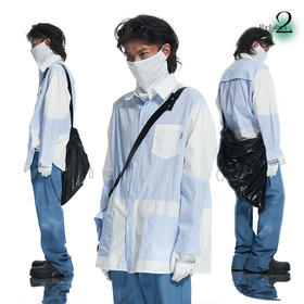 RELABEL 21AW蓝色条纹拼接多口袋可活动后片假两件宽松长袖衬衣