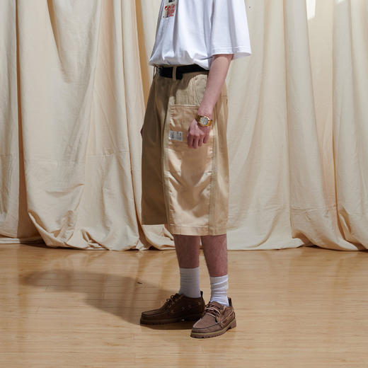 EAFINETAL.21SS新款绣标设计卡其色拼接宽松工装裤五分裤休闲短裤 商品图2