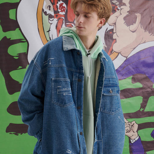 EAFINETAL.21AW新款水洗工艺刺绣设计羊羔绒宽松加厚牛仔夹克外套 商品图2