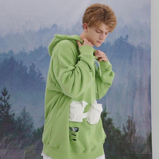 EAFINETAL.21AW新款破坏水洗破洞做旧效果贴袋刺绣宽松连帽卫衣 商品图1