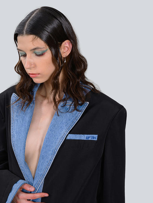 IFIK Denim Blazer注入有趣 牛仔拼接韩国特殊风衣料西装西服外套 商品图0