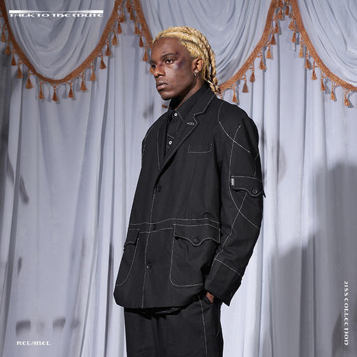 RELABEL 21SS黑色弧形交错立体重工明线多口袋透气亲肤棉麻西装 商品图1