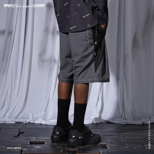 RELABEL 21SS黑灰撞色拼接双抽绳重工明线宽松西装短裤 商品图3