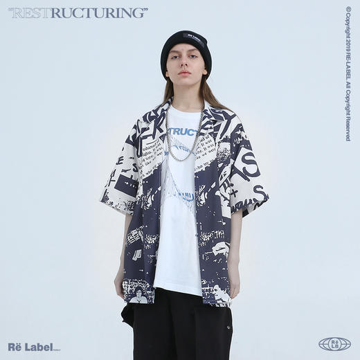 RELABEL 2020SS黑白满印潮牌古巴领短袖衬衣男夏季宽松夏威夷短袖 商品图1