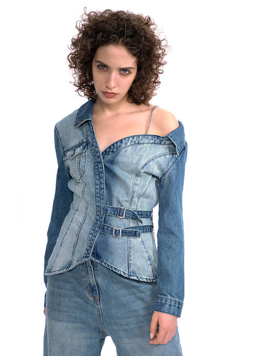 IFIK Off-shoulder Shirt重塑氛围感的露肩修身复古蓝牛仔衬衫 商品图1