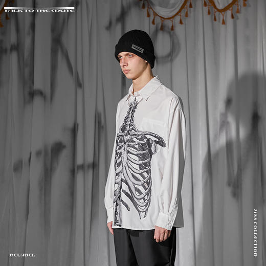 RELABEL 21SS 素描骨架印花立领长袖衬衫男美潮复古宽松衬衣 商品图3