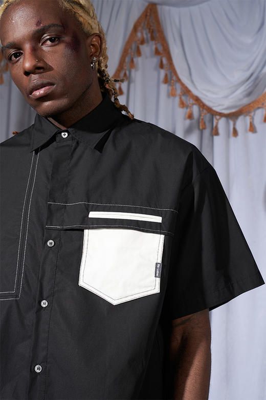 RELABEL 21SS 黑色双层结构撞色白口袋短袖宽松衬衣 商品图5