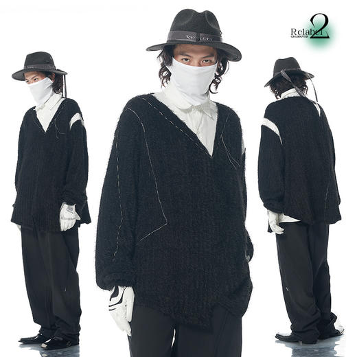 RELABEL 21AW 定织黑色毛料拼接白衬衣假两件手工明线宽松毛衣 商品图0