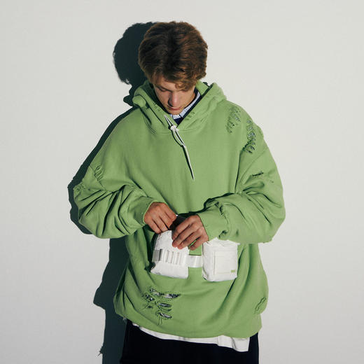 EAFINETAL.21AW新款破坏水洗破洞做旧效果贴袋刺绣宽松连帽卫衣 商品图0