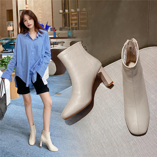 ZHR2021年冬季新款方头加绒加厚时尚高跟短靴韩版休闲复古瘦瘦靴 商品图1