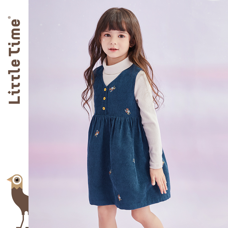 littletime女童绣花灯芯绒背心裙秋冬加绒2021冬季新款儿童冬裙子