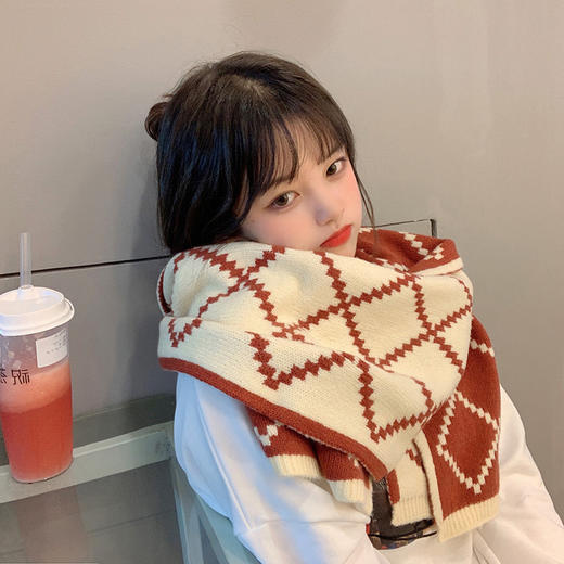柔软格子双面围巾女秋冬保暖仿羊绒围脖超长针织加厚学生两用披肩 商品图2