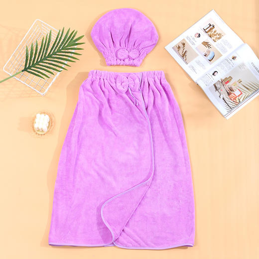 新款蝴蝶结抹胸浴裙浴帽珊瑚绒两件套 加厚女款可穿浴巾 商品图8