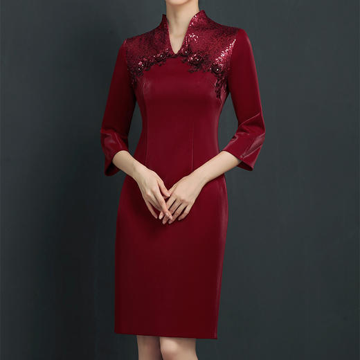 上海旗袍厂NBL-NZ310丈母娘旗袍连衣裙喜妈妈嫁女儿婚礼宴会改良礼服酒红色秋款 商品图3