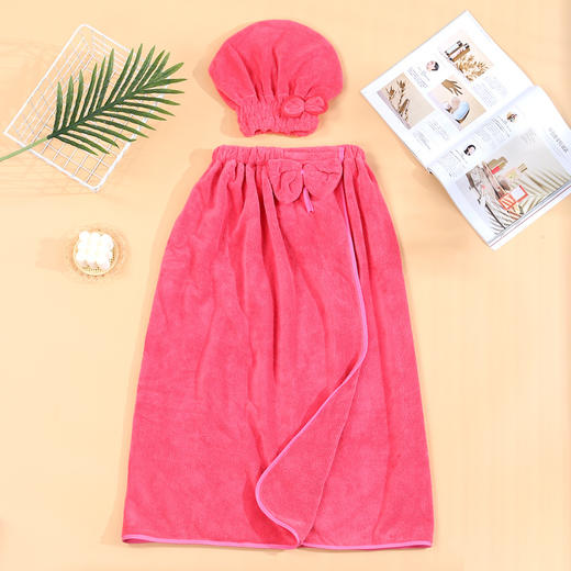 新款蝴蝶结抹胸浴裙浴帽珊瑚绒两件套 加厚女款可穿浴巾 商品图5