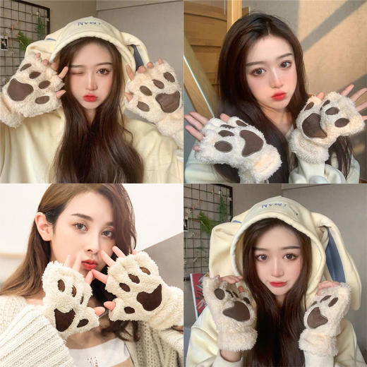 冬季可爱猫爪半指手套卡通加绒保暖韩版百搭可爱卡通猫爪女 商品图0
