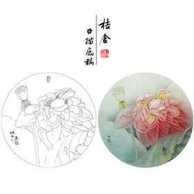 【有步骤、大彩图】杨冬冬工笔画白描底稿圆形小品《美怜》荷花初学者临摹花鸟线稿HD33