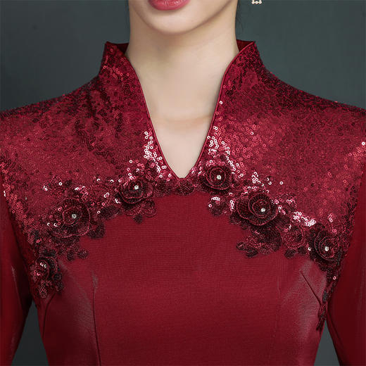 上海旗袍厂NBL-NZ310丈母娘旗袍连衣裙喜妈妈嫁女儿婚礼宴会改良礼服酒红色秋款 商品图2