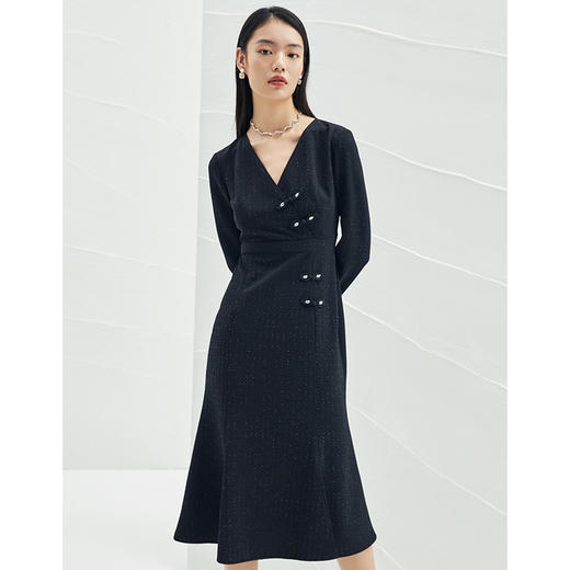 EITIE爱特爱春季新款时尚通勤改良旗袍V领开叉显瘦A字纯色连衣裙A2207911 商品图1