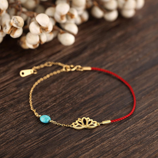 醍醐 莲花红绳手链 925银镀金 天然原矿松石 商品图0