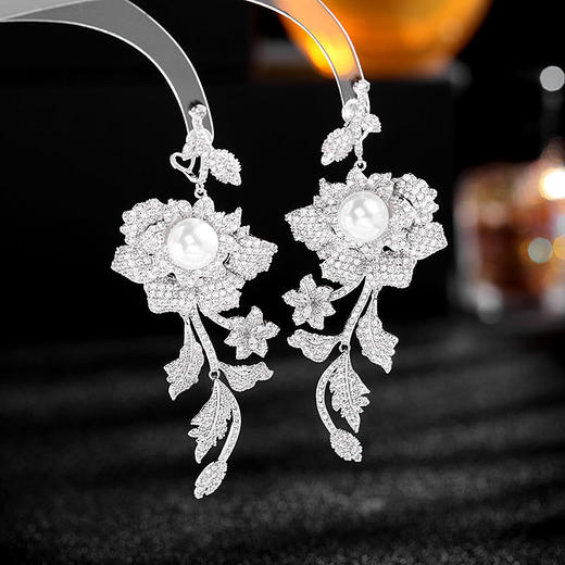 G-007轻奢锆石珍珠玫瑰花耳环名媛气质夸张大气耳坠晚宴礼服搭配耳饰 商品图1