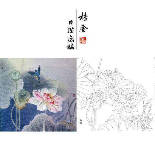 【有步骤、大彩图】杨冬冬工笔画白描底稿斗方小品《烟雨微香》荷花翠鸟初学者临摹花鸟线稿HD50 商品图0