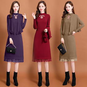 HR  XXM2078时尚休闲两件套绣花蕾丝毛衣针织裙【优】