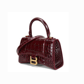 BALENCIAGA 巴黎世家 女士巴黎世家B标识沙漏包 Hourglass系列 鳄鱼纹手提包单肩斜挎包 酒红色 592833 1LRGM 6211