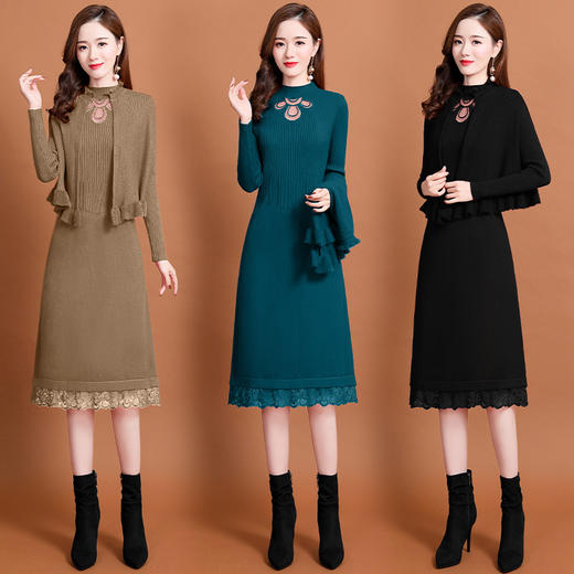 HR  XXM2078时尚休闲两件套绣花蕾丝毛衣针织裙【优】 商品图1