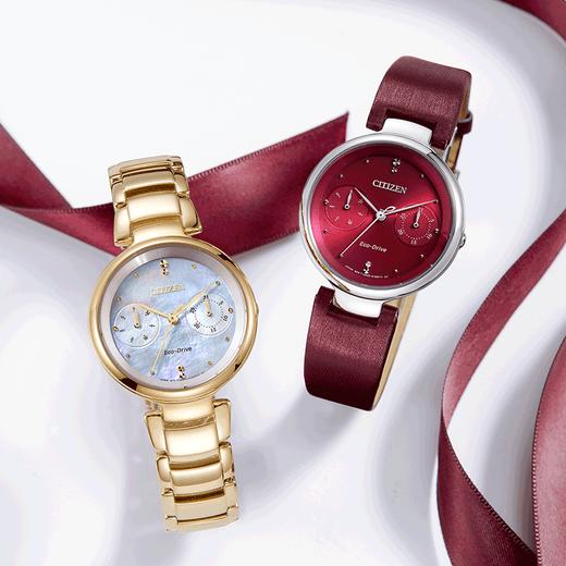 西铁城官方正品不锈钢表壳缎绣皮表带日期星期指示光动能女表 FD1100-10X 商品图4