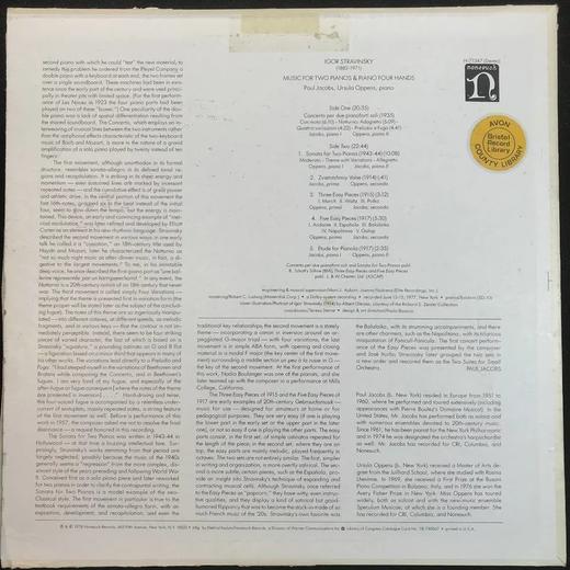 LP黑胶唱片 伊戈尔·斯特拉文斯基《双钢琴曲和四手联弹曲》钢琴：保罗·雅各布和厄休拉·奥本斯 商品图1