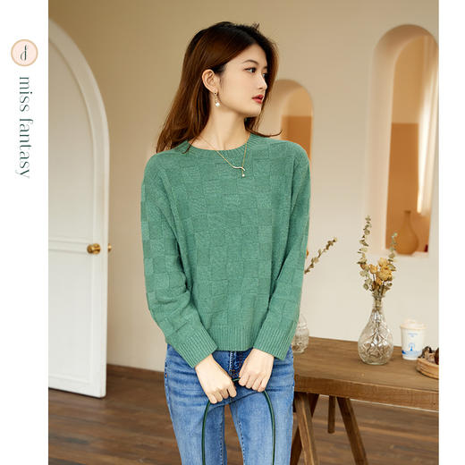 加厚重磅100%进口苏格兰邓肯羊绒显白减龄棋盘格纹圆领套头衫FJ29521N 商品图3