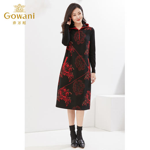 乔万尼绵羊毛连衣裙复古印花显瘦连帽裙EI4E521 商品图3