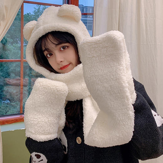 2021升级版小熊帽子时尚围巾手套三件套韩版百搭冬天女保暖防寒连帽护耳毛绒围脖一体 商品图3