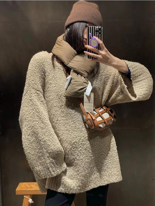 HIDEMI 圈圈羊驼毛粗针宽松毛衣 黑色/自然驼 商品图1