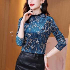 TZW-新款木耳边印花内搭T恤长袖丝绒金丝绒上衣女