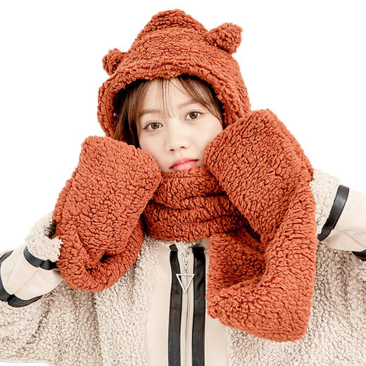 2021升级版小熊帽子时尚围巾手套三件套韩版百搭冬天女保暖防寒连帽护耳毛绒围脖一体 商品图4