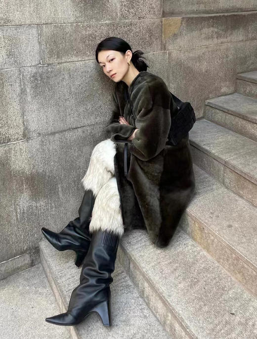 HIDEMI 海藻绿皮毛一体拼皮边系带设计感长款大衣 商品图2