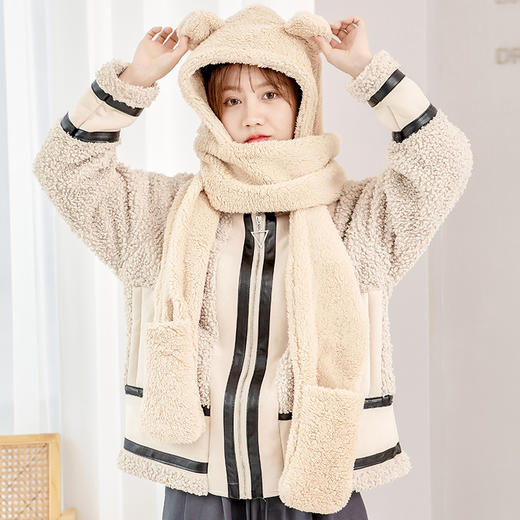 2021升级版小熊帽子时尚围巾手套三件套韩版百搭冬天女保暖防寒连帽护耳毛绒围脖一体 商品图1