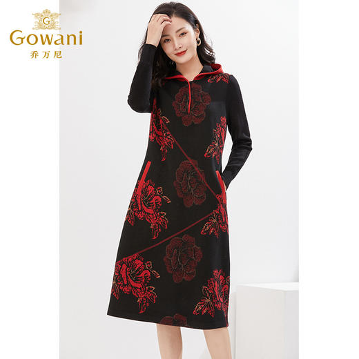 乔万尼绵羊毛连衣裙复古印花显瘦连帽裙EI4E521 商品图1