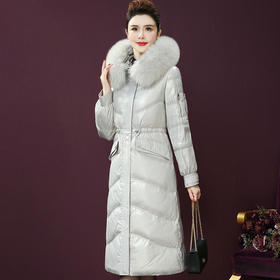 WXY-MN-8686新款轻奢优雅气质收腰狐狸毛领长款保暖90白鸭绒羽绒服外套