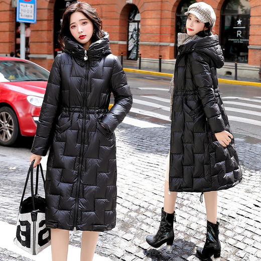 CPYY9058-1 羽绒服新款2021年女装工艺走线腰间抽绳修身连帽长款90白鸭绒 商品图2