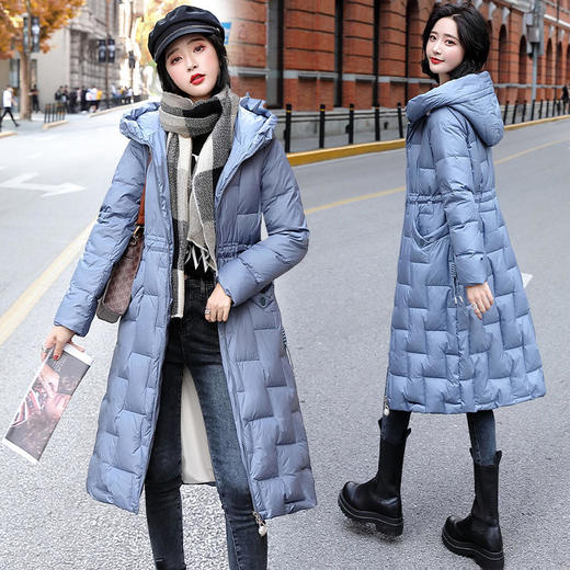 CPYY9058-1 羽绒服新款2021年女装工艺走线腰间抽绳修身连帽长款90白鸭绒 商品图5