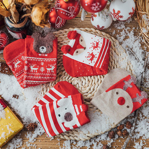 【4双装】圣诞袜女秋冬中筒袜立体卡通麋鹿可爱袜子红色喜庆袜圣诞老人袜 商品图2