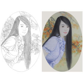 【有步骤、大彩图】盘虎杰工笔画白描底稿现代人物小品《恋青丝》初学者临摹人物线稿HJ41