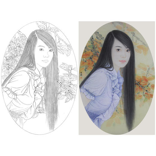 【有步骤、大彩图】盘虎杰工笔画白描底稿现代人物小品《恋青丝》初学者临摹人物线稿HJ41 商品图0