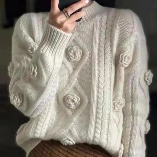 立体玫瑰钩花麻花套头毛衣女2021秋冬新款百搭慵懒风套头针织衫潮 商品图4