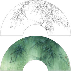 【有步骤、大彩图】李晓明工笔画白描底稿扇面小品《竹海清音》竹子初学者临摹花鸟线稿KB40
